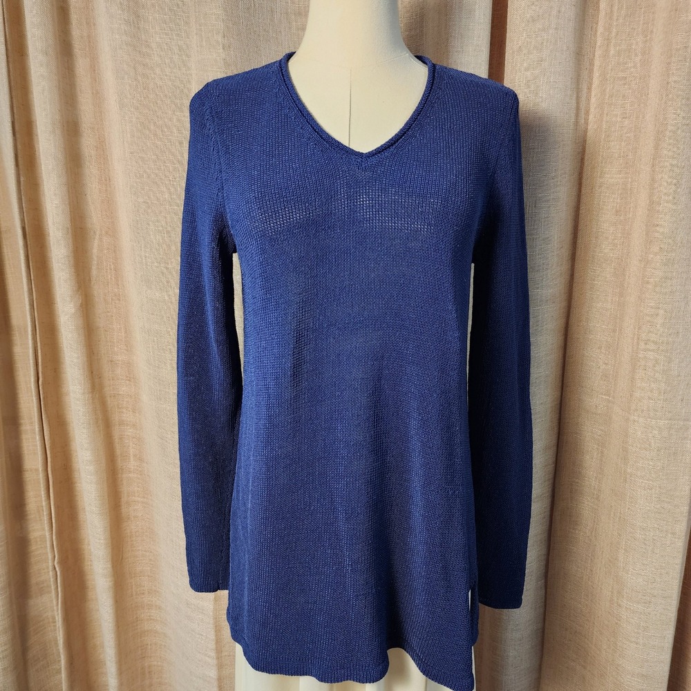 J.McLaughlin Womens M Cotton V-Neck Knit Tunic Sweater Navy Blue Long Sleeve